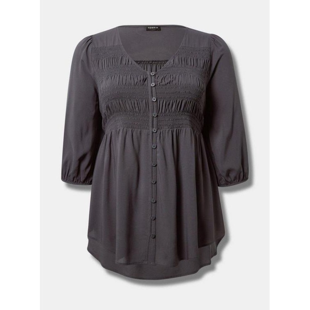 Boho Chic Torrid Smocked Button Down Flowy Blouse Size 2X Charcoal Gray